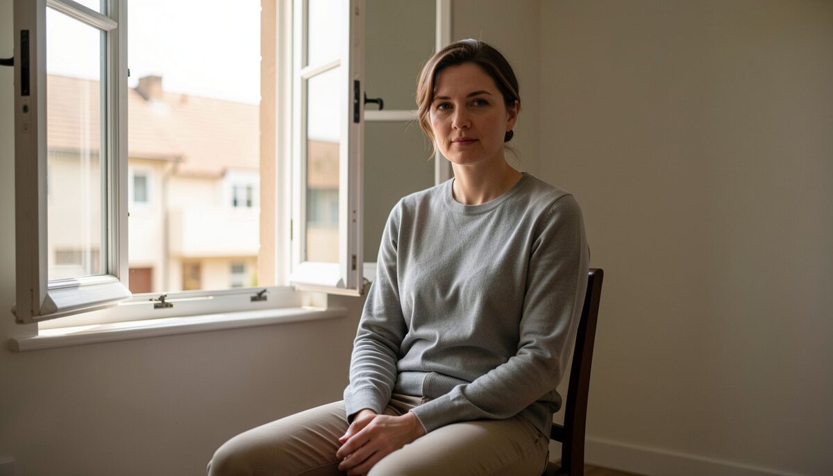 Person sitzt aufrecht auf einem Stuhl an einem offenen Fenster mit entspannten Schultern im Morgenlicht. Illustratives Bild, generiert mit KI.