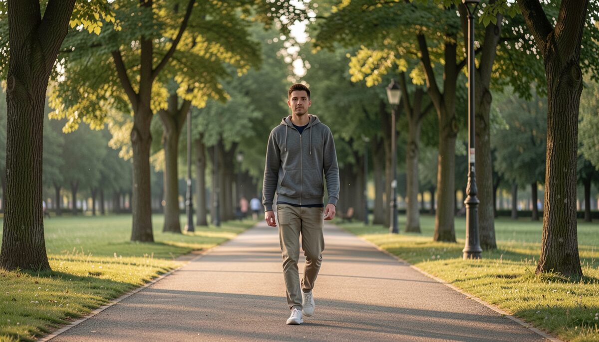 Person in Alltagskleidung geht auf einem von Bäumen gesäumten Parkweg am späten Nachmittag. Illustratives Bild, mit KI erzeugt.