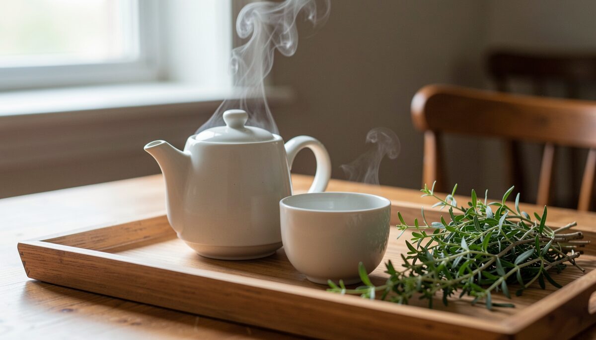 Teekanne, Tasse und frische Kräuter auf einem Holztablett, Dampf steigt auf. Illustratives Bild, mit KI erzeugt.