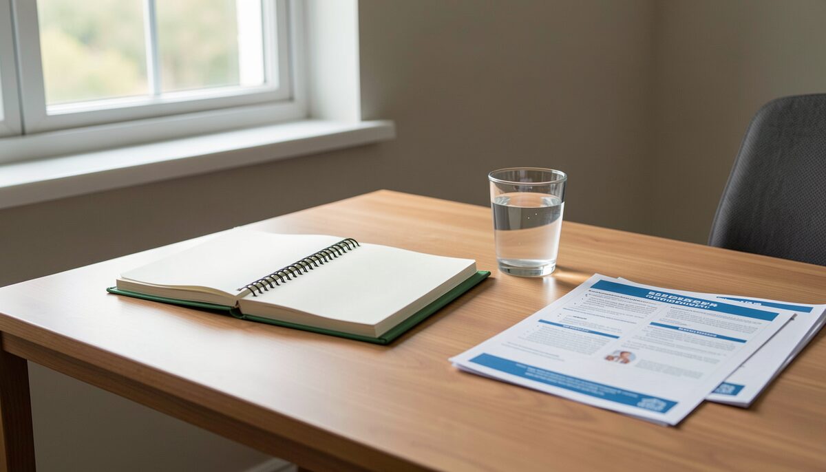 Ein ruhiger Schreibtisch mit Notizbuch, einem Glas Wasser und ausgedruckten Gesundheitsinformationen, Tageslicht vom Fenster. Illustratives Bild, generiert mit KI.