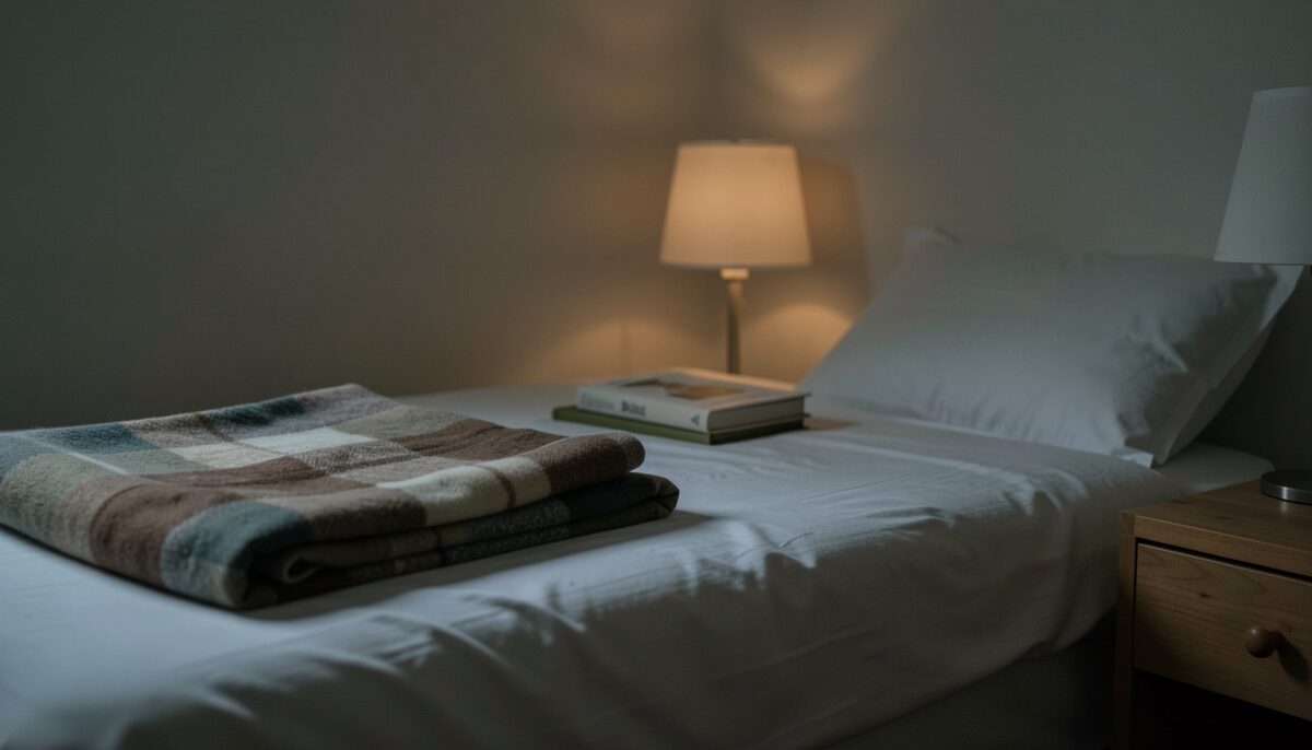 Abendliche Schlafzimmerecke mit gefalteter Decke, Buch und ausgeschalteter Nachttischlampe. Illustratives Bild, mit KI generiert.