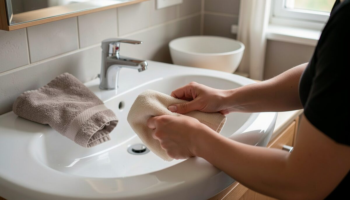 Eine Person wickelt einen warmen Umschlag am Waschbecken, Handtuch und Schüssel sichtbar. Illustratives Bild, mit KI erstellt.
