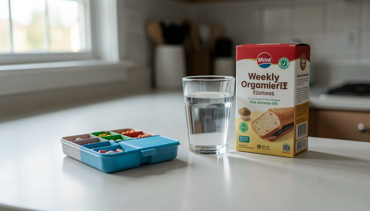 Wochendosierer und ein Glas Wasser neben einer Teepackung auf einer Küchenarbeitsplatte. Illustratives Bild, mit KI erzeugt.